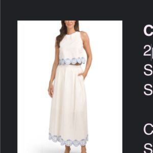 Calypso St. Barth White Maxi Crop Top and Skirt Set with Blue Trim